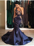 Mermaid Halter  Satin Navy Blue Prom Dress with Lace LBQ0858
